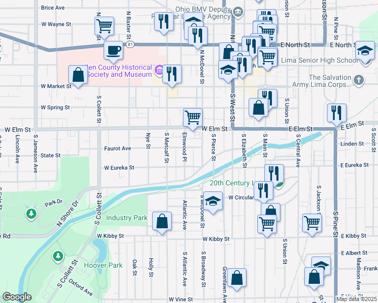 map of restaurants, bars, coffee shops, grocery stores, and more near 412 South McDonel Street in Lima