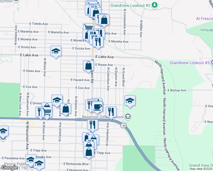 map of restaurants, bars, coffee shops, grocery stores, and more near 1411 East Crestwood Drive in Peoria