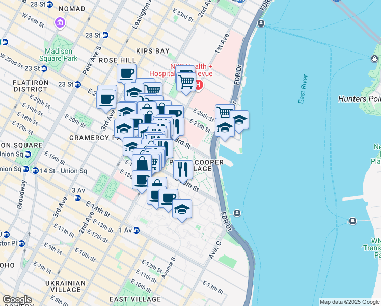 map of restaurants, bars, coffee shops, grocery stores, and more near 440 East 23rd Street in New York