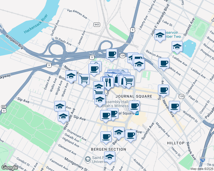 map of restaurants, bars, coffee shops, grocery stores, and more near in Jersey City