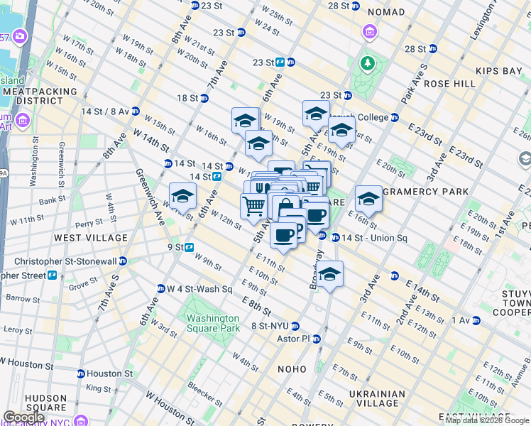 map of restaurants, bars, coffee shops, grocery stores, and more near 2 West 14th Street in New York
