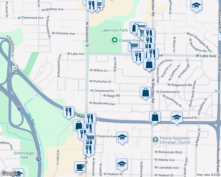 map of restaurants, bars, coffee shops, grocery stores, and more near 1021 West Crestwood Drive in Peoria
