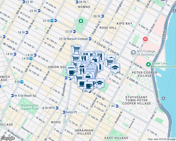 map of restaurants, bars, coffee shops, grocery stores, and more near 192 3rd Avenue in New York