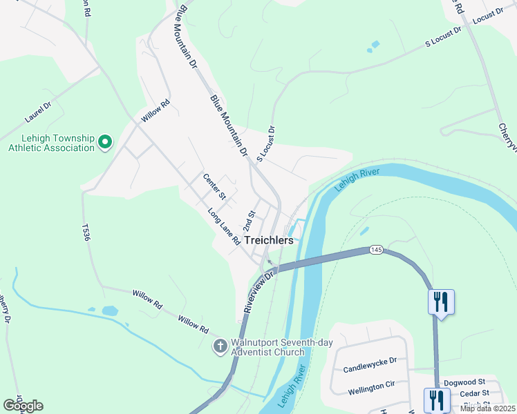 map of restaurants, bars, coffee shops, grocery stores, and more near 341 East Breadfruit Drive in Walnutport