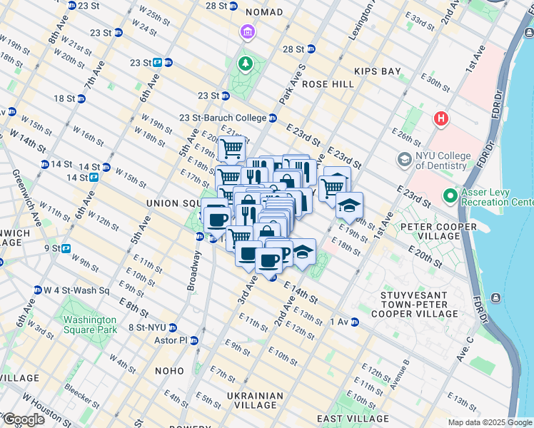 map of restaurants, bars, coffee shops, grocery stores, and more near 192 3rd Avenue in New York