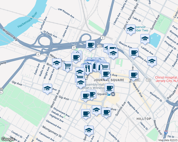 map of restaurants, bars, coffee shops, grocery stores, and more near Tonnele Ave & Newark Ave in Jersey City