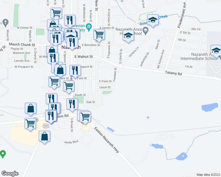 map of restaurants, bars, coffee shops, grocery stores, and more near 448 Union Street in Nazareth
