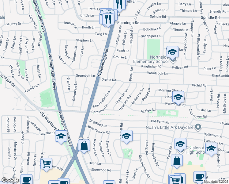 map of restaurants, bars, coffee shops, grocery stores, and more near 68 Carnation Road in Levittown