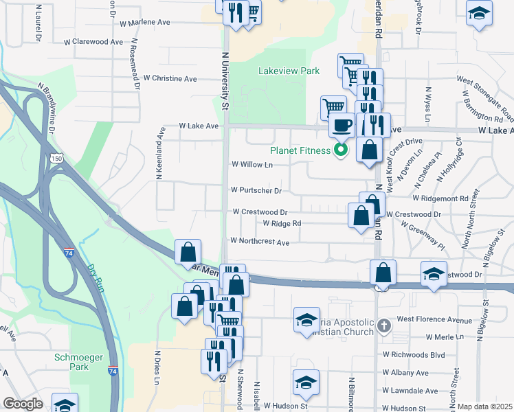 map of restaurants, bars, coffee shops, grocery stores, and more near 1109 West Ridge Road in Peoria