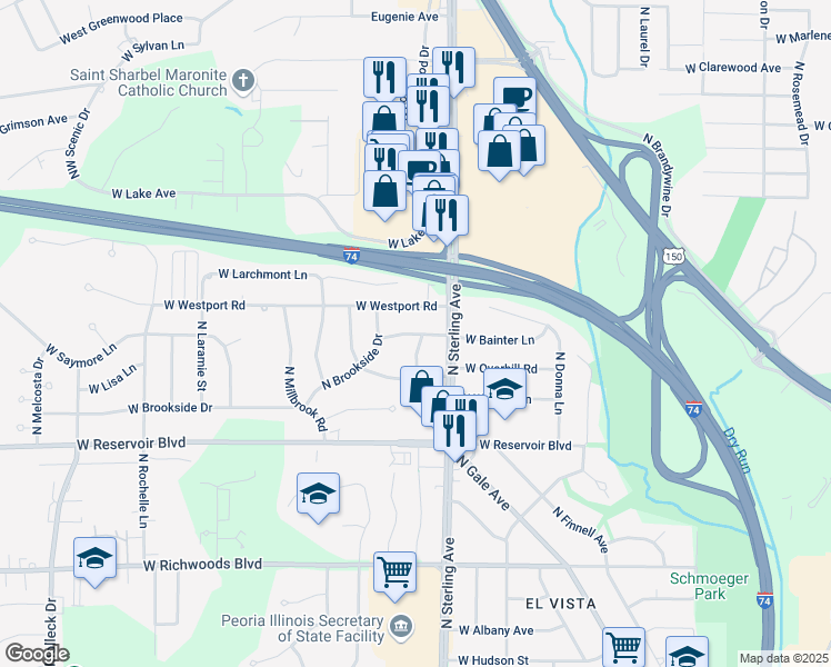 map of restaurants, bars, coffee shops, grocery stores, and more near 2614 West Bainter Road in Peoria