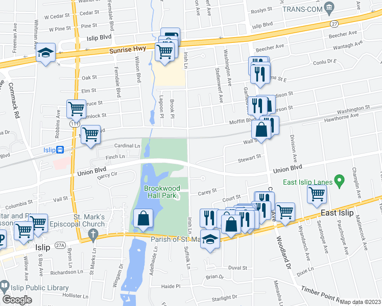 map of restaurants, bars, coffee shops, grocery stores, and more near 75 Irish Lane in East Islip