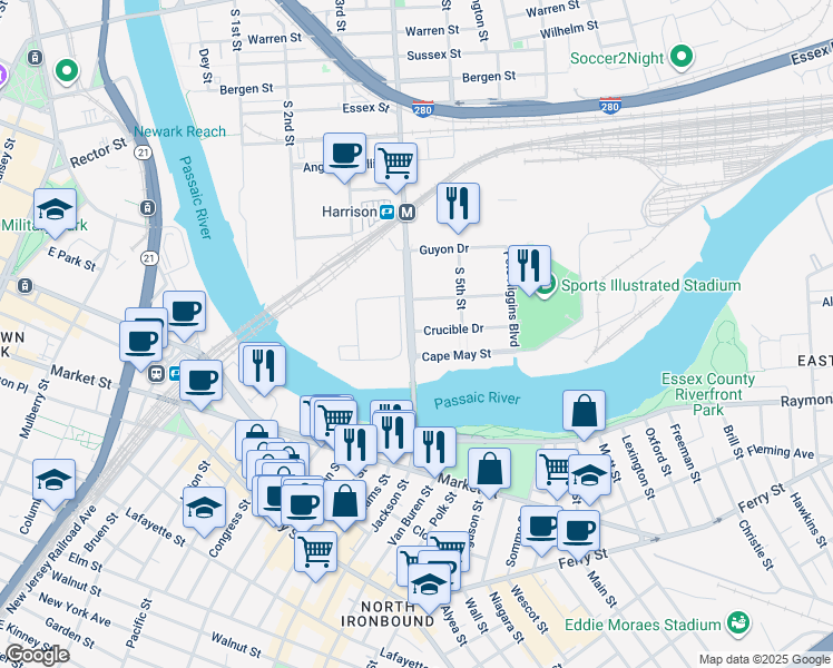 map of restaurants, bars, coffee shops, grocery stores, and more near 1200 Frank E Rodgers Boulevard South in Harrison