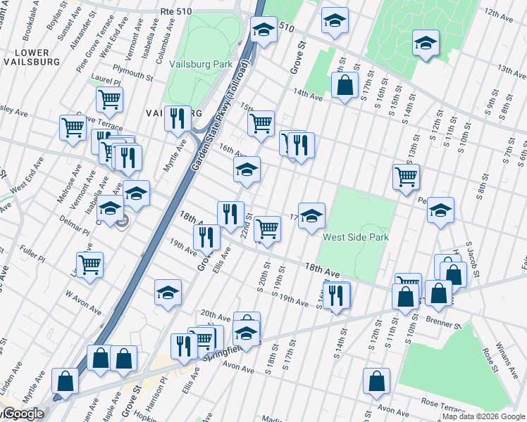 map of restaurants, bars, coffee shops, grocery stores, and more near 225 21st Street in Irvington