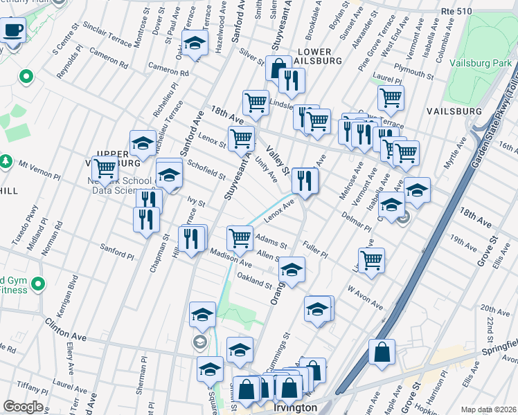map of restaurants, bars, coffee shops, grocery stores, and more near 45 Lenox Avenue in Irvington