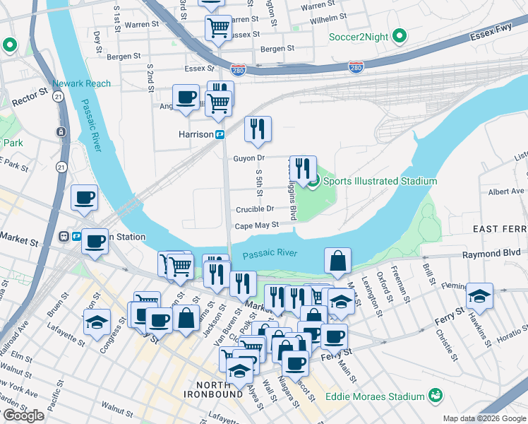 map of restaurants, bars, coffee shops, grocery stores, and more near 1200 South 5th Street in Harrison