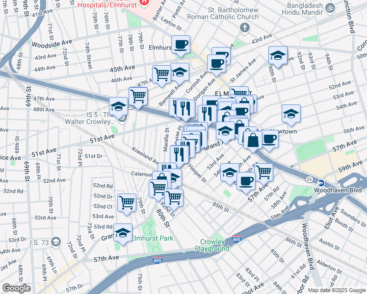 map of restaurants, bars, coffee shops, grocery stores, and more near 51-60 Van Kleeck Street in Queens