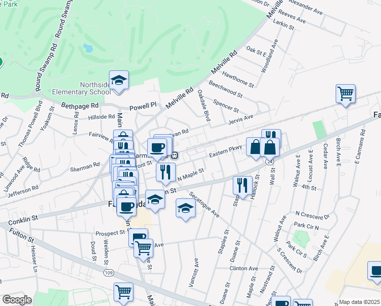 map of restaurants, bars, coffee shops, grocery stores, and more near 1 Atlantic Avenue in Farmingdale