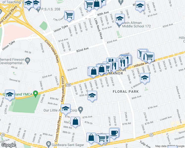 map of restaurants, bars, coffee shops, grocery stores, and more near 83-60 250th Street in Queens
