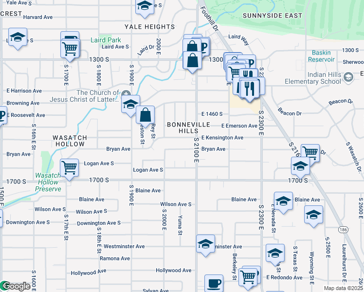map of restaurants, bars, coffee shops, grocery stores, and more near 2036 Bryan Avenue South in Salt Lake City