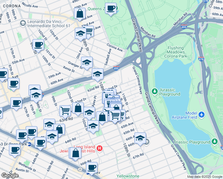 map of restaurants, bars, coffee shops, grocery stores, and more near 108-27 63rd Avenue in Queens