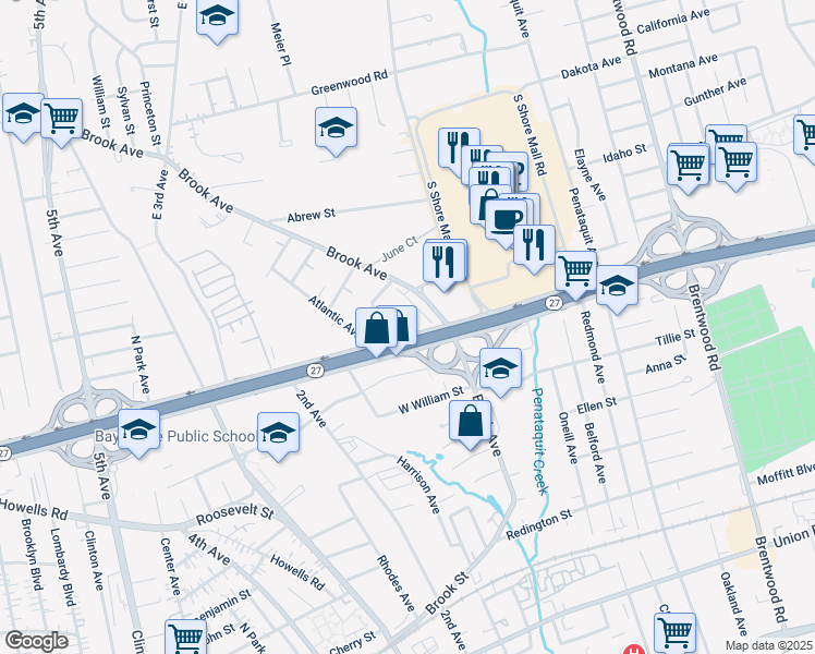 map of restaurants, bars, coffee shops, grocery stores, and more near 1555 Sunrise Highway in Bay Shore