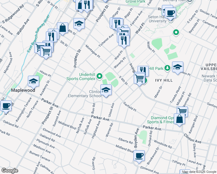 map of restaurants, bars, coffee shops, grocery stores, and more near 27 Berkshire Road in Maplewood
