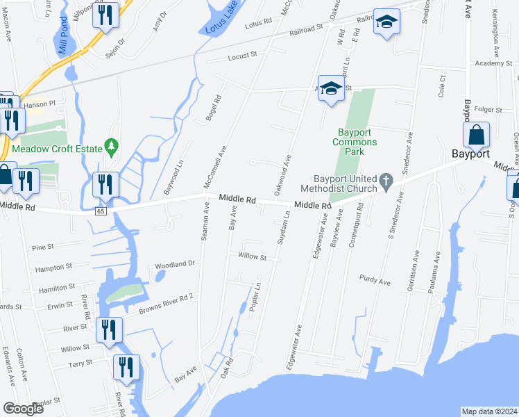 map of restaurants, bars, coffee shops, grocery stores, and more near 396 Middle Road in Bayport