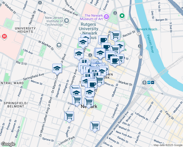 map of restaurants, bars, coffee shops, grocery stores, and more near 6 Treat Place in Newark
