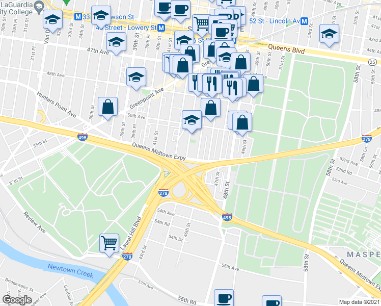 map of restaurants, bars, coffee shops, grocery stores, and more near 50-61 44th Street in Queens