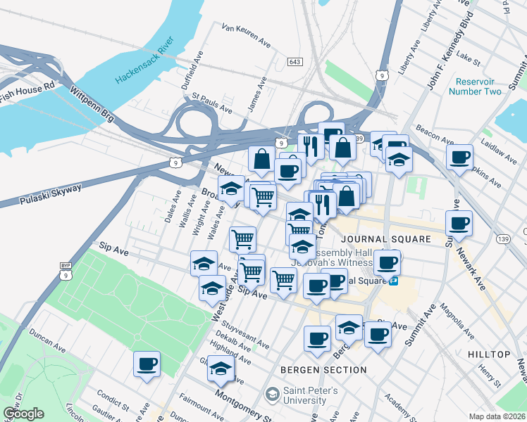 map of restaurants, bars, coffee shops, grocery stores, and more near in Jersey City