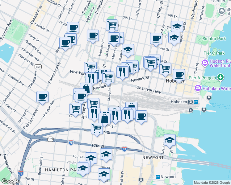 map of restaurants, bars, coffee shops, grocery stores, and more near 682 Grove Street in Jersey City