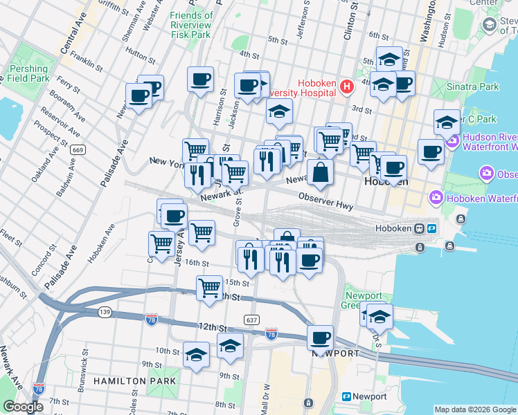 map of restaurants, bars, coffee shops, grocery stores, and more near 689 Marin Boulevard in Jersey City
