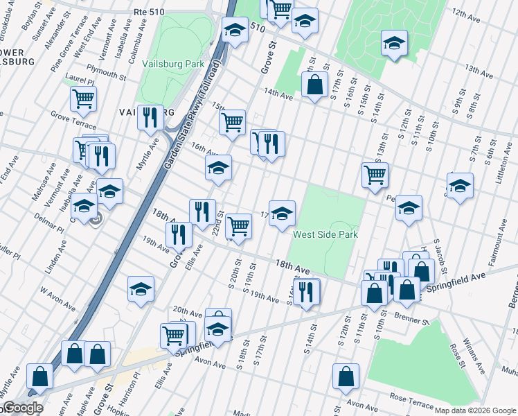 map of restaurants, bars, coffee shops, grocery stores, and more near 617 South 20th Street in Newark