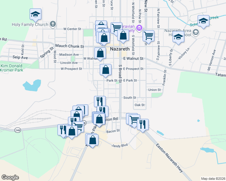 map of restaurants, bars, coffee shops, grocery stores, and more near 35 South Street in Nazareth