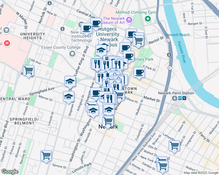 map of restaurants, bars, coffee shops, grocery stores, and more near 45 Branford Place in Newark