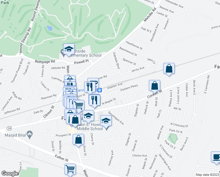 map of restaurants, bars, coffee shops, grocery stores, and more near 1 Atlantic Avenue in Farmingdale