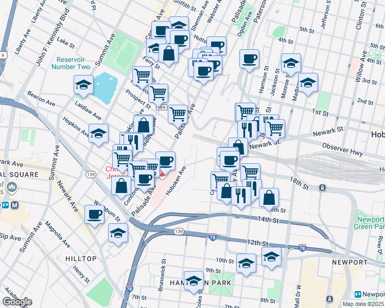 map of restaurants, bars, coffee shops, grocery stores, and more near 110 Hoboken Avenue in Jersey City