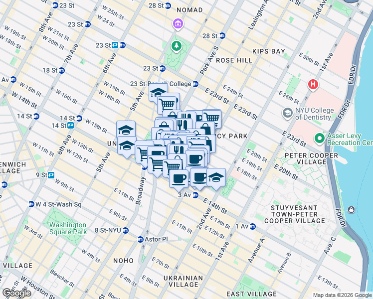 map of restaurants, bars, coffee shops, grocery stores, and more near 40 Irving Place in New York