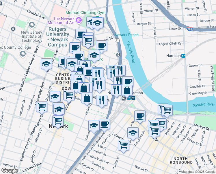 map of restaurants, bars, coffee shops, grocery stores, and more near 1100 Raymond Boulevard in Newark