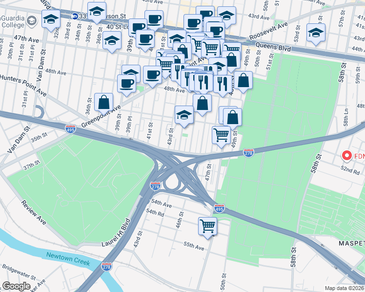 map of restaurants, bars, coffee shops, grocery stores, and more near 50-61 44th Street in Queens