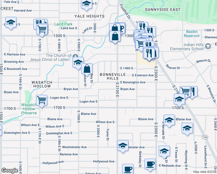 map of restaurants, bars, coffee shops, grocery stores, and more near 2036 Bryan Avenue South in Salt Lake City