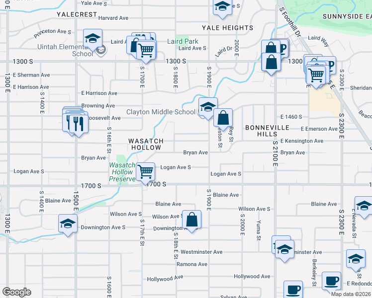 map of restaurants, bars, coffee shops, grocery stores, and more near 1830 Bryan Avenue South in Salt Lake City
