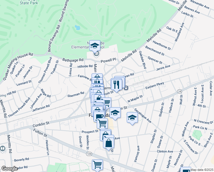 map of restaurants, bars, coffee shops, grocery stores, and more near 100 Secatogue Avenue in Farmingdale