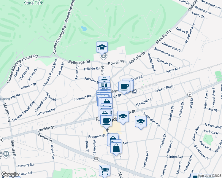 map of restaurants, bars, coffee shops, grocery stores, and more near 100 Secatogue Avenue in Farmingdale