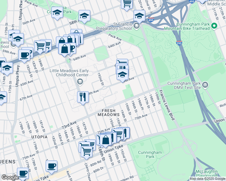 map of restaurants, bars, coffee shops, grocery stores, and more near 192-50A 71 Circle in Queens