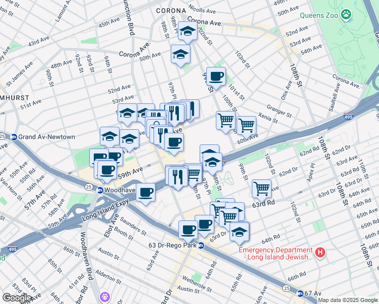 map of restaurants, bars, coffee shops, grocery stores, and more near in Queens