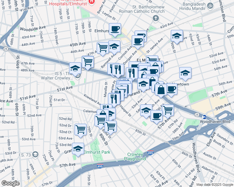 map of restaurants, bars, coffee shops, grocery stores, and more near 51-74 Van Kleeck Street in Queens