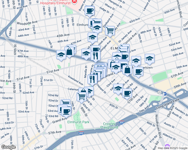 map of restaurants, bars, coffee shops, grocery stores, and more near 51-74 Van Kleeck Street in Queens