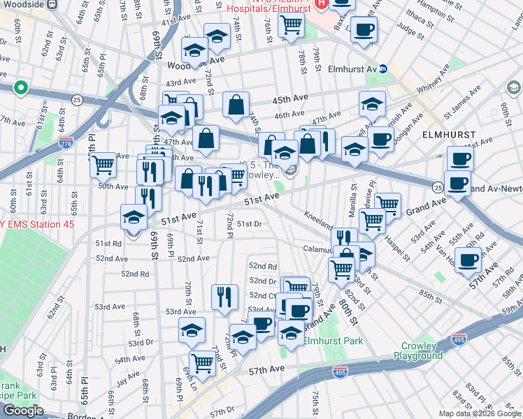 map of restaurants, bars, coffee shops, grocery stores, and more near 72-37 51st Drive in Queens