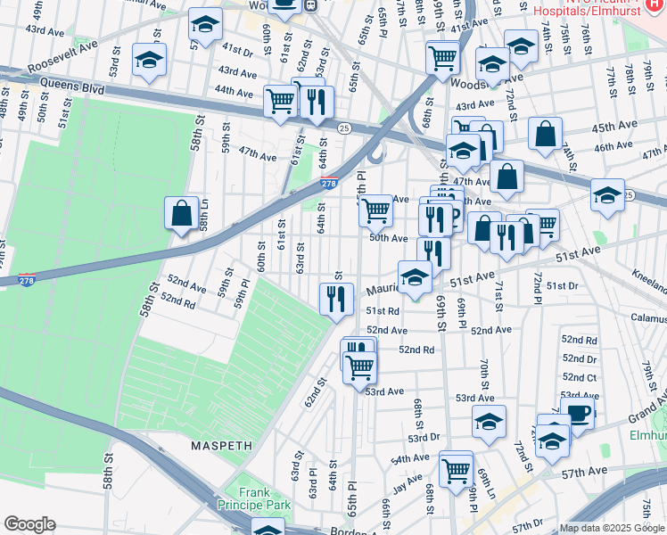 map of restaurants, bars, coffee shops, grocery stores, and more near 51-01 65th Street in Queens
